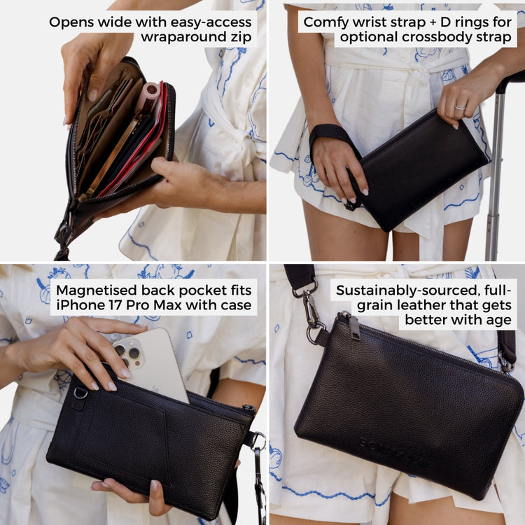 Bon Maxie Travel Wallet in black showing feature highlights