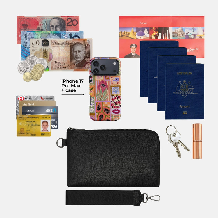Bon Maxie Travel Wallet showing what fits inside