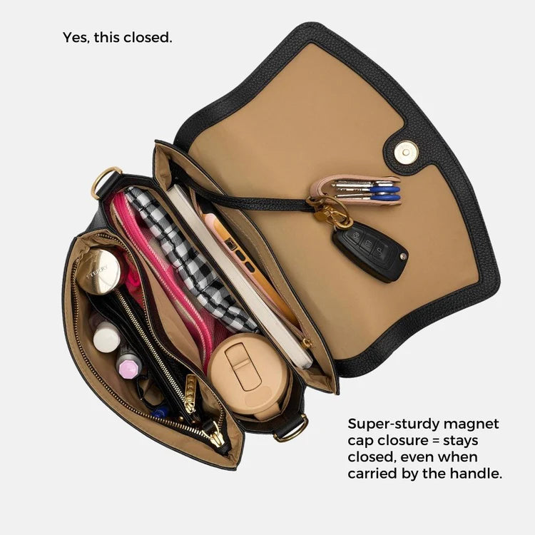 Bon Maxie Tryhard Crossbody Handle Bag in black, open interior showing capacity