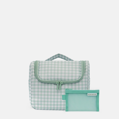 Hanging Travel Toiletry Bag Set - Sage Gingham