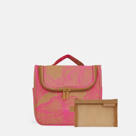 Hanging Travel Toiletry Bag Set - Tan/Neon Pink Floral