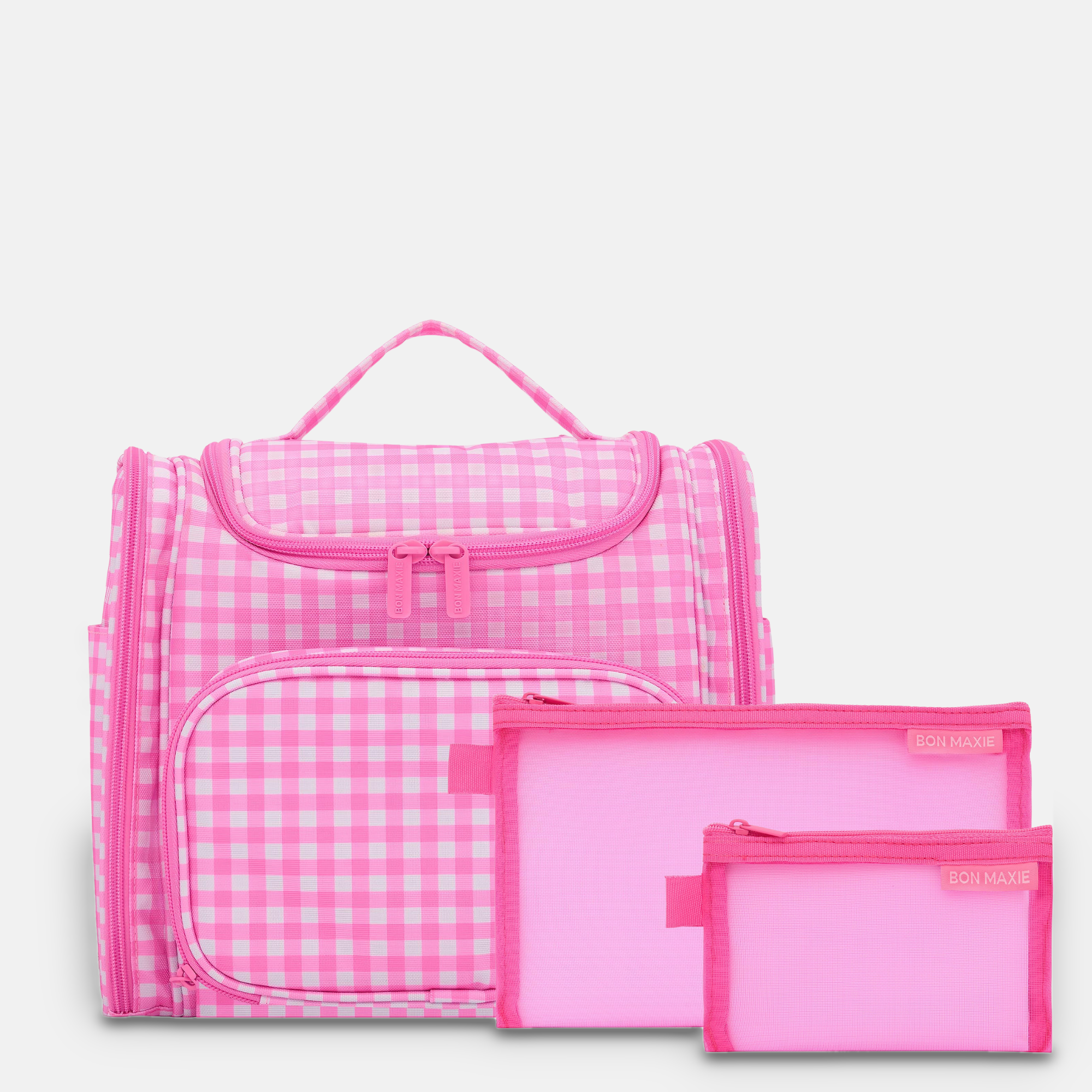 Large Hanging Travel Toiletry Bag + Detachable Pouch in Neon Pink Gingham