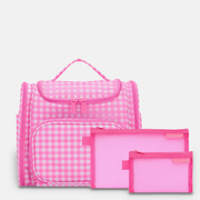 Large Hanging Travel Toiletry Bag + Detachable Pouch - Neon Pink Gingham