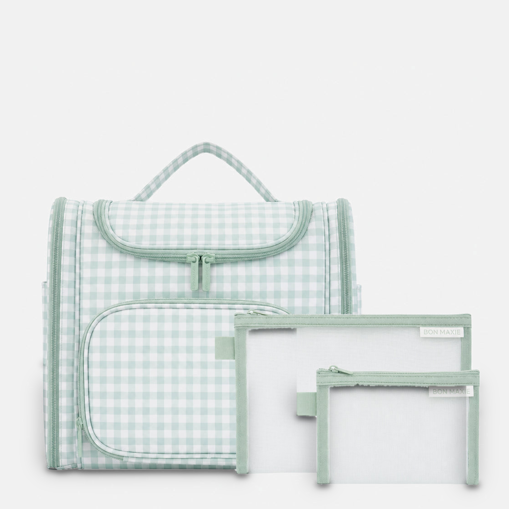 Large Hanging Travel Toiletry Bag + Detachable Pouch - Sage Gingham