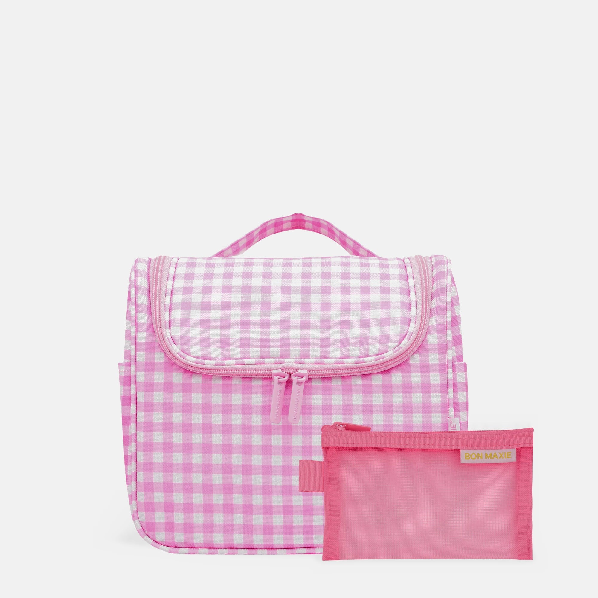 Hanging Travel Toiletry Bag Set - Neon Pink Gingham