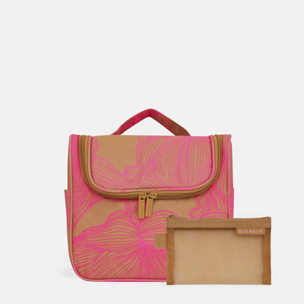 Hanging Travel Toiletry Bag Set - Tan/Neon Pink Floral
