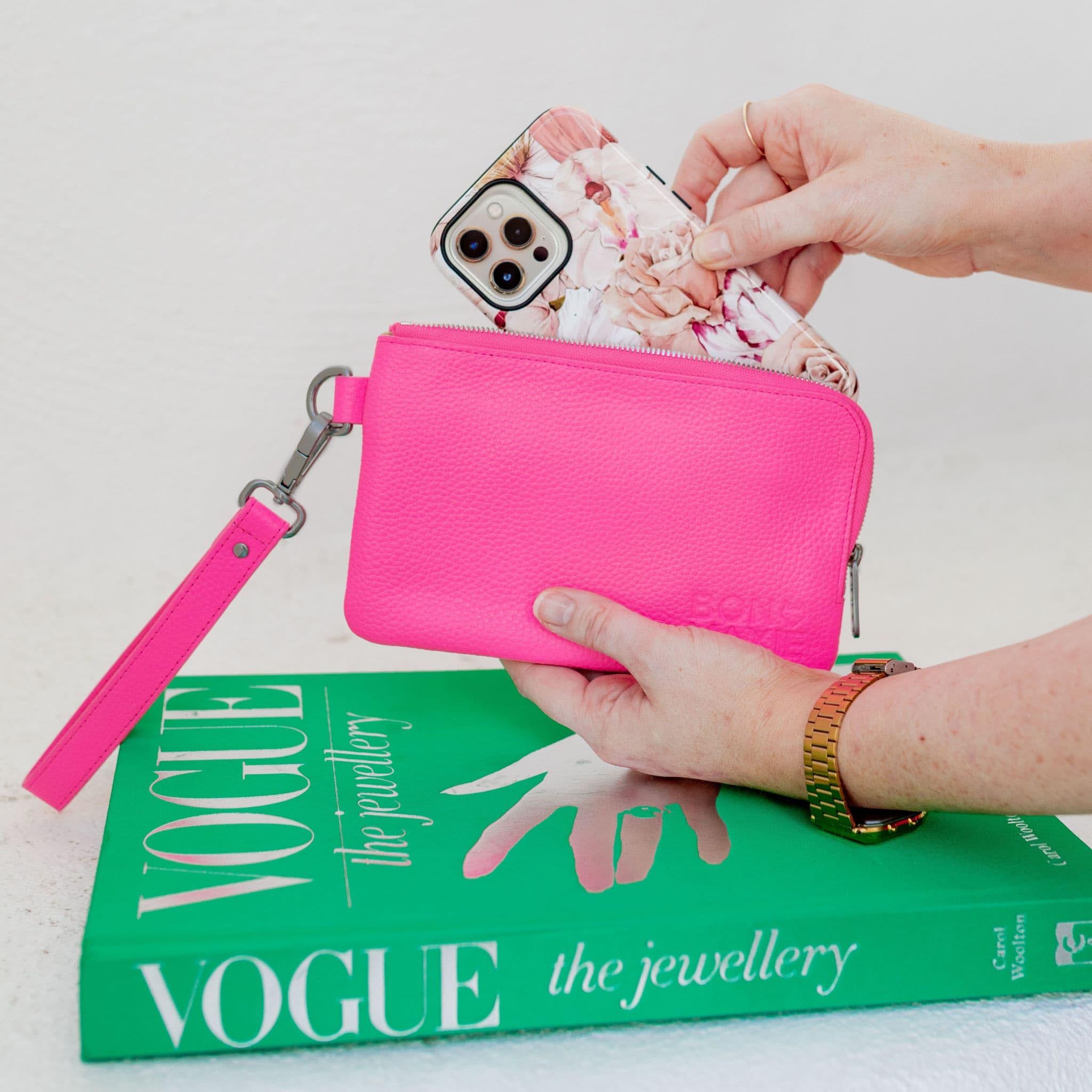 Phone Wallet Pouch - Neon Pink Wallets NEON PINK BRUSHED GOLD