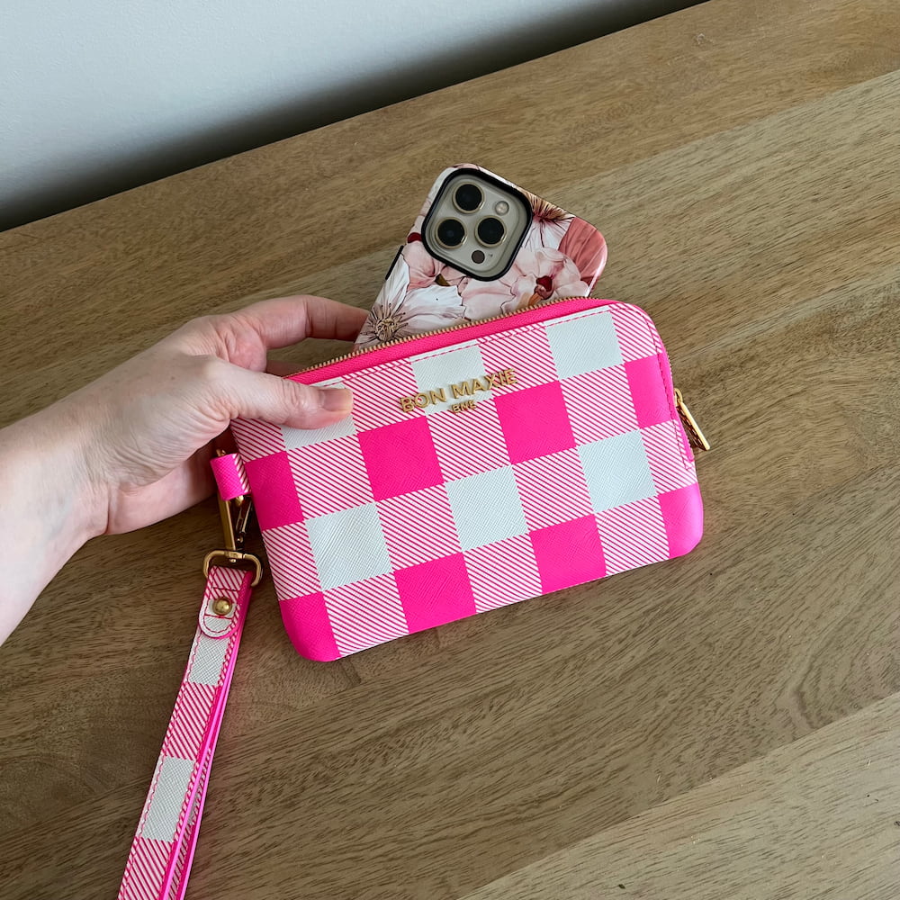 The Phone/Travel Wallet - Neon Pink Gingham