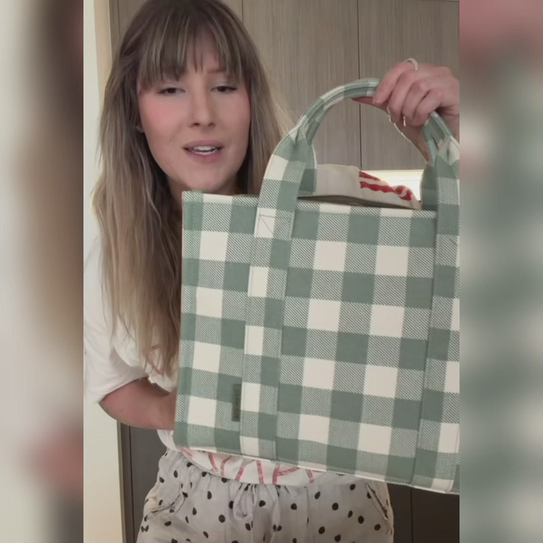 Load video: Small Structured Tote Bag in signature coated canvas -- Sage Gingham
