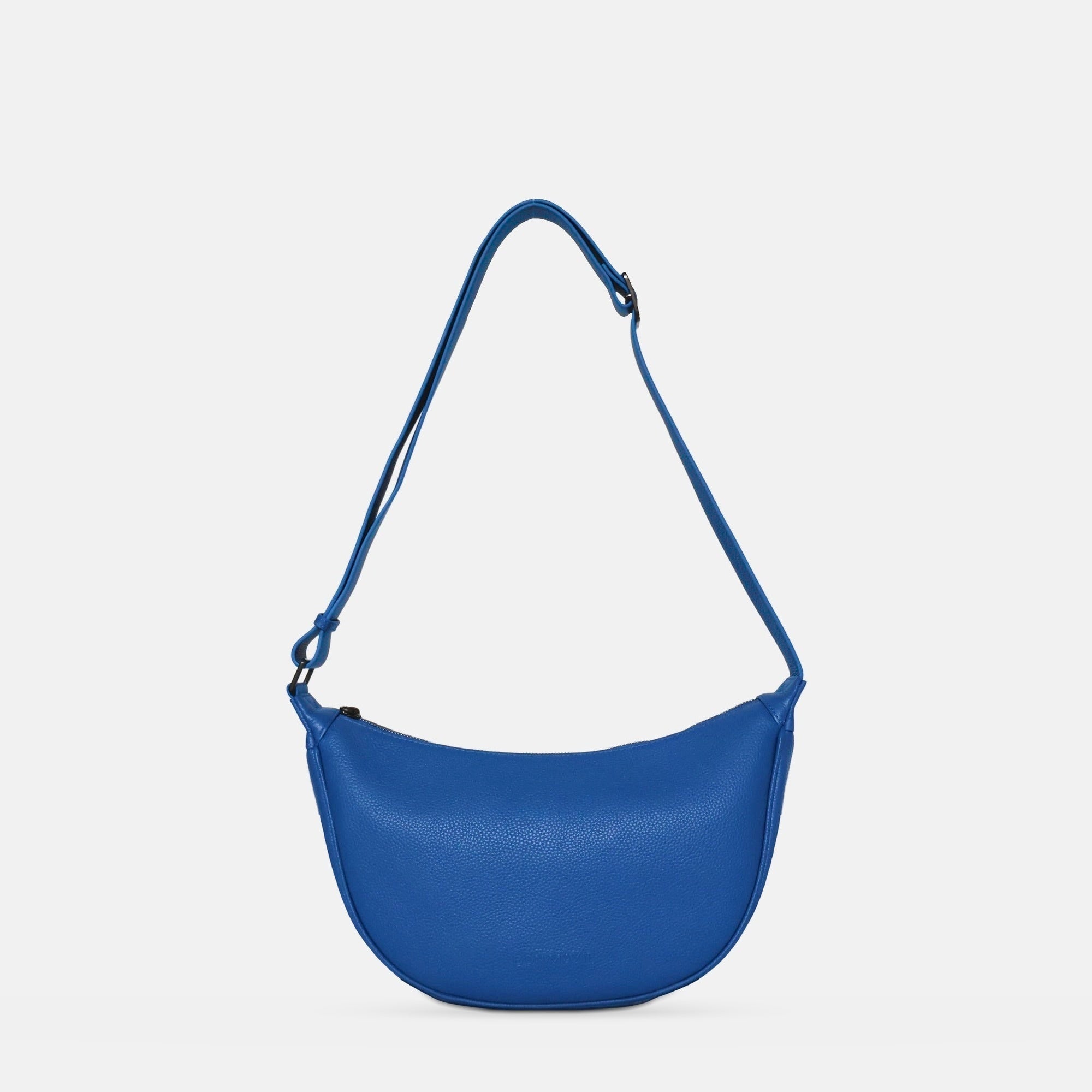 Slouchy Crescent Crossbody Bag in Cobalt pebble leather