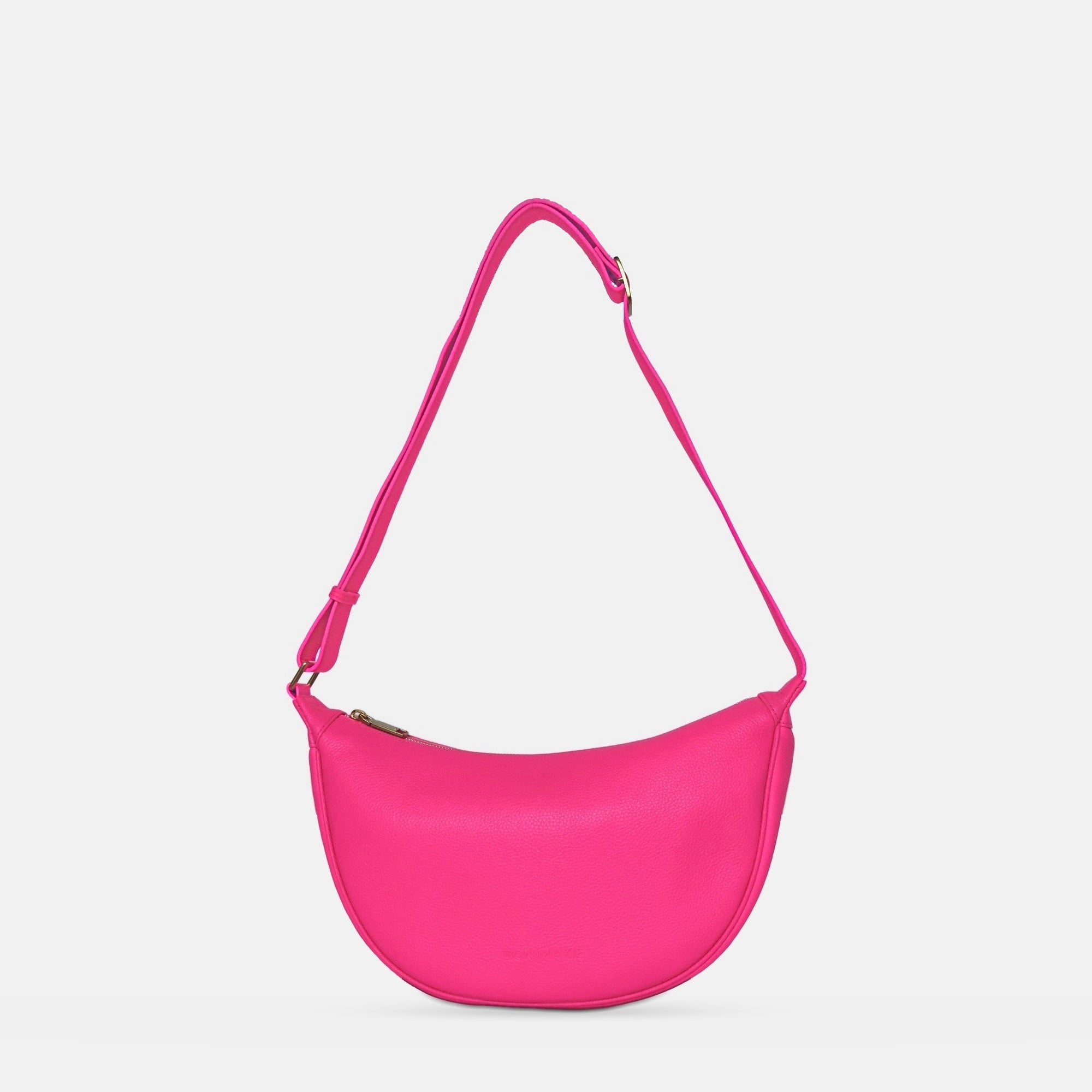 Slouchy Crescent Crossbody Bag in Neon Pink pebble leather