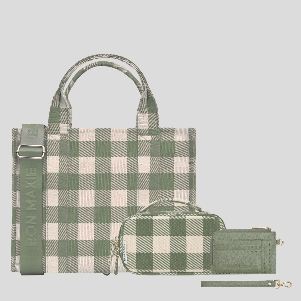 SAVE $69—Small Tote + Handy Handle Case + Mini Wallet Bundle -- Sage Gingham