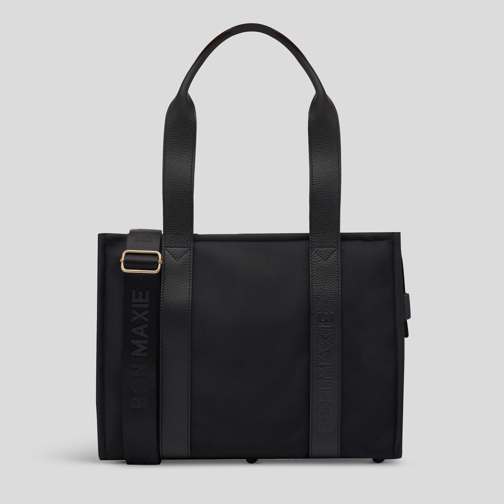 Small Structured Tote Bag in nylon with leather - Black (shoulder straps)