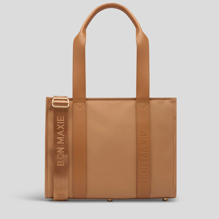 Small Structured Tote Bag in nylon with leather - Tan (shoulder straps)