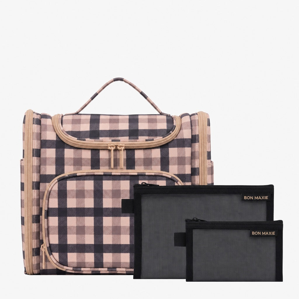 Large Hanging Travel Toiletry Bag + Detachable Pouch - Tartan