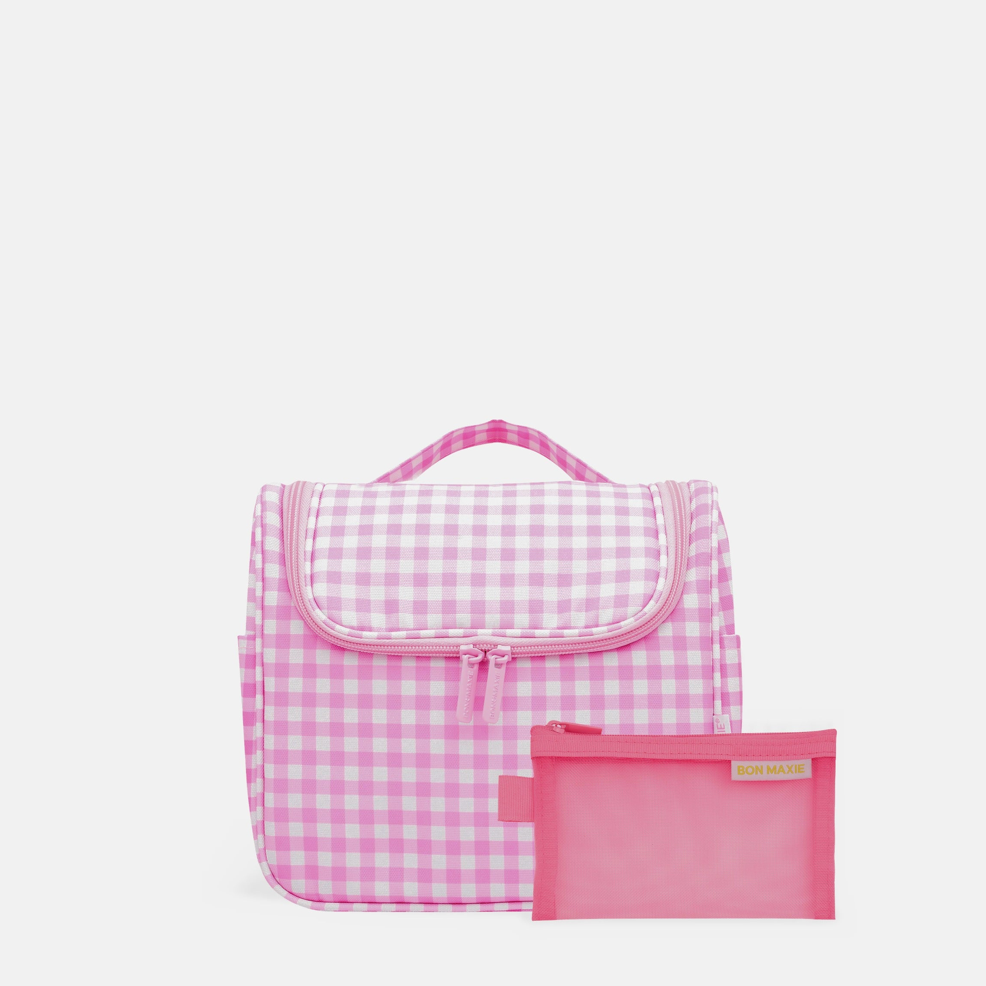 Hanging Travel Toiletry Bag Set in Neon Pink Gingham