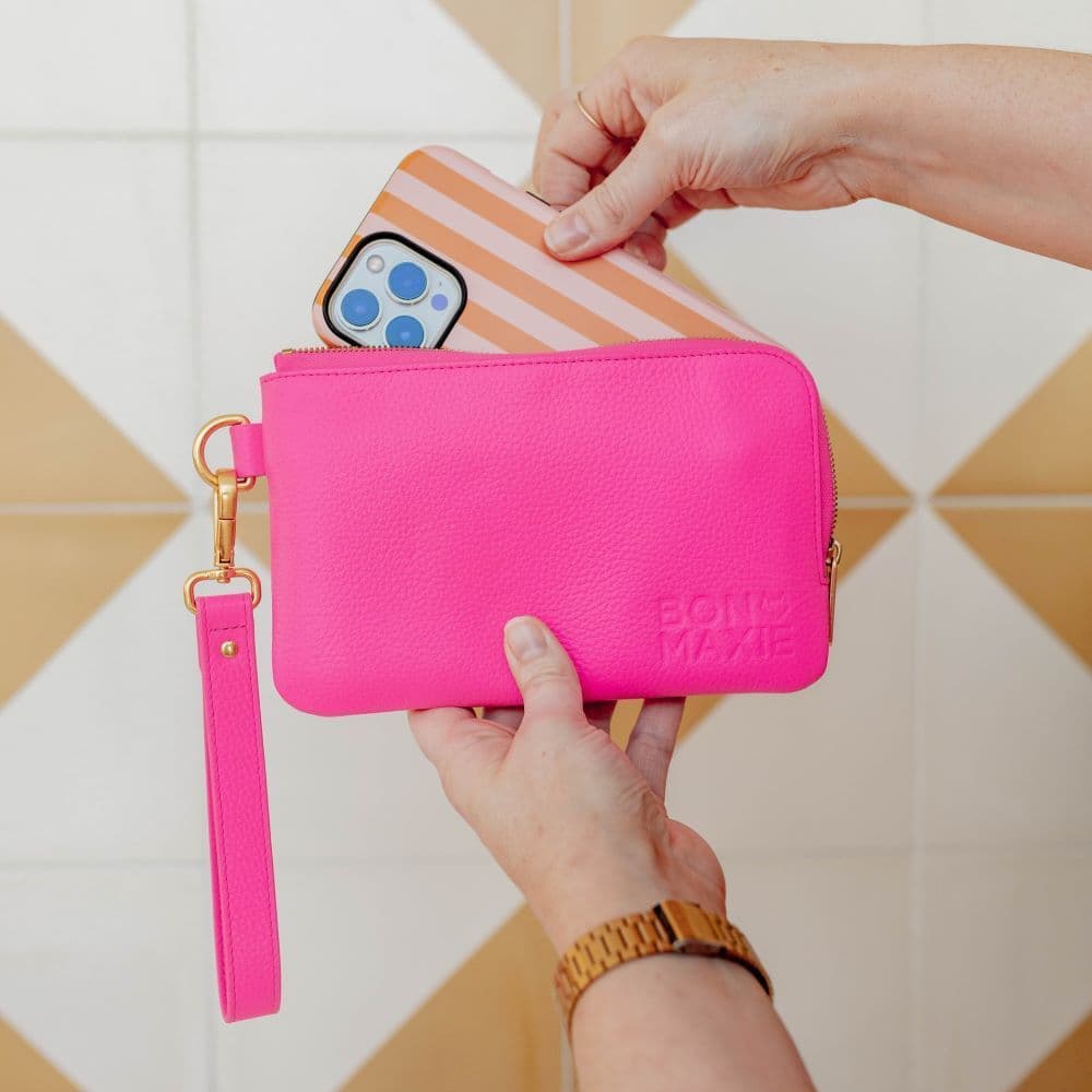 Phone Wallet Pouch - Neon Pink Wallets NEON PINK BRUSHED GOLD