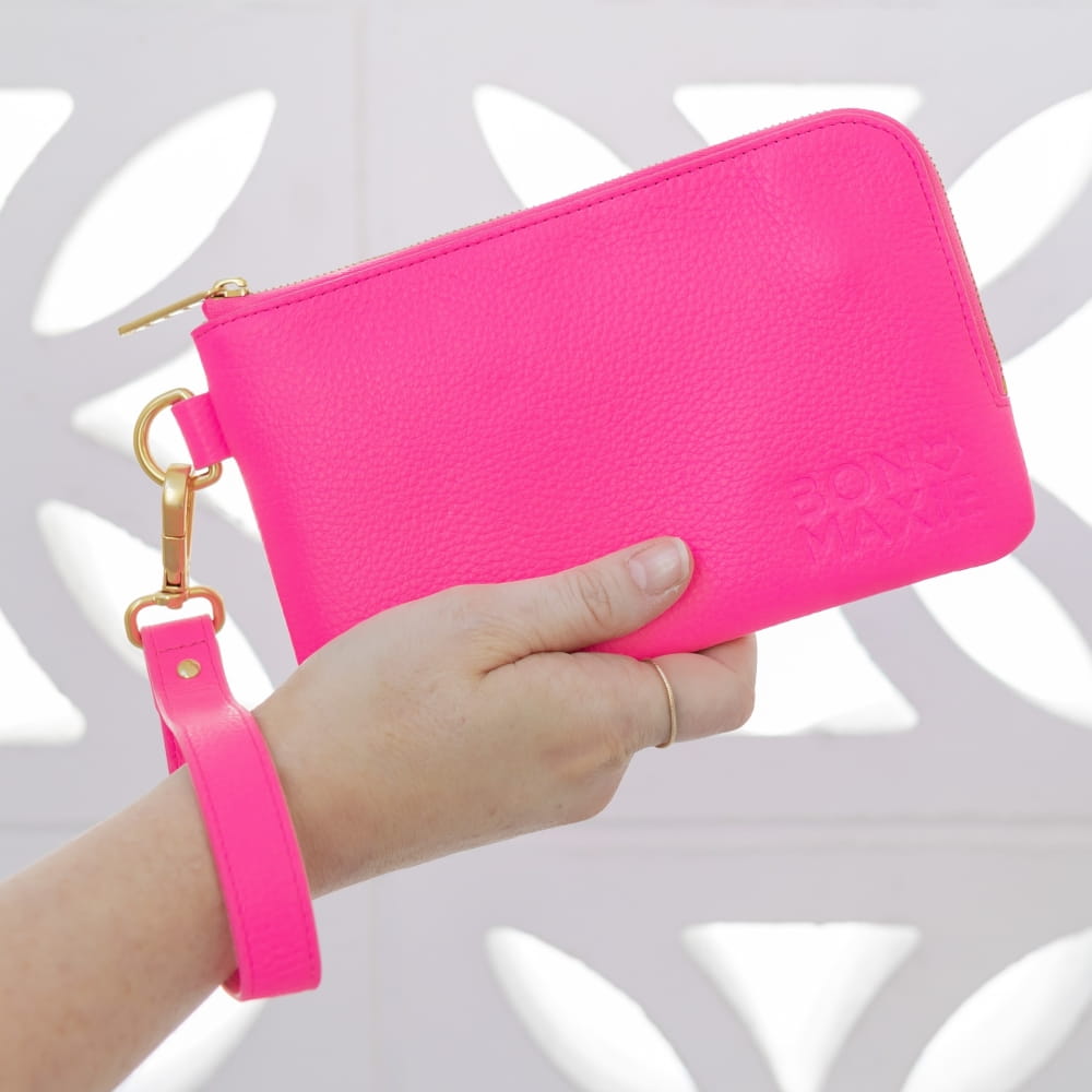 Phone Wallet Pouch - Neon Pink Wallets NEON PINK BRUSHED GUNMETAL